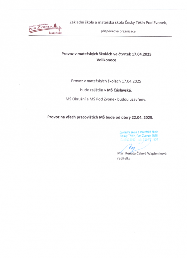 Provoz v době velikonočních prázdnin