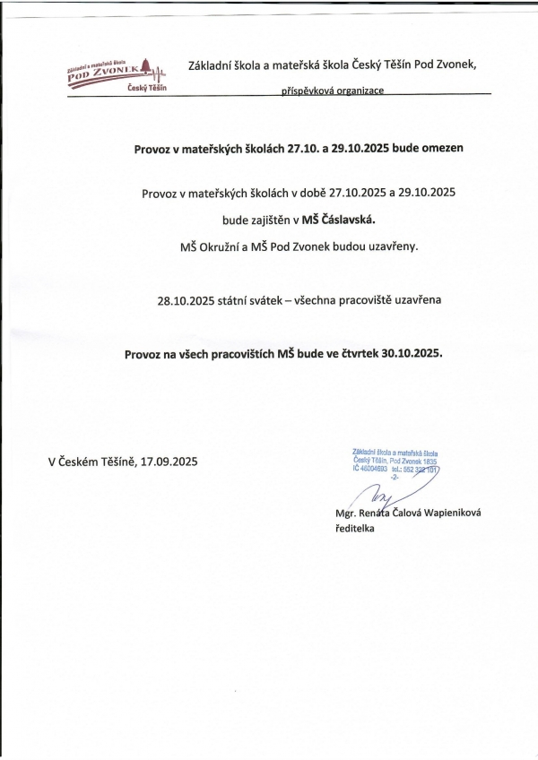 Provoz v době podzimních prázdnin