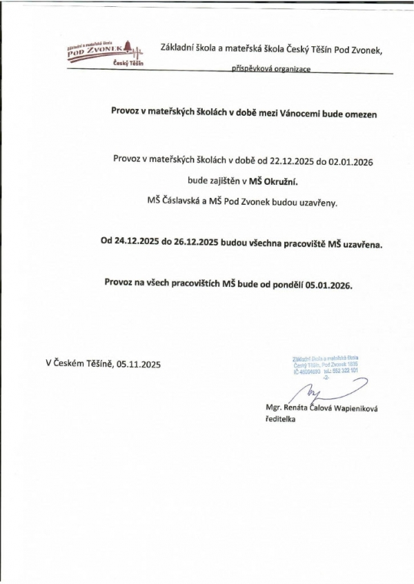 Provoz mezi Vánocemi