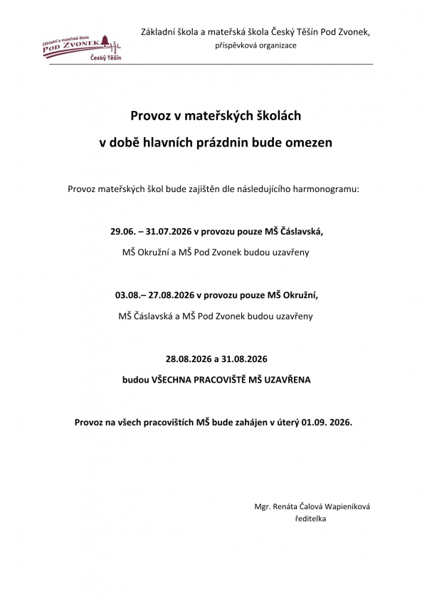 Provoz MŠ v červenci a srpnu 2026